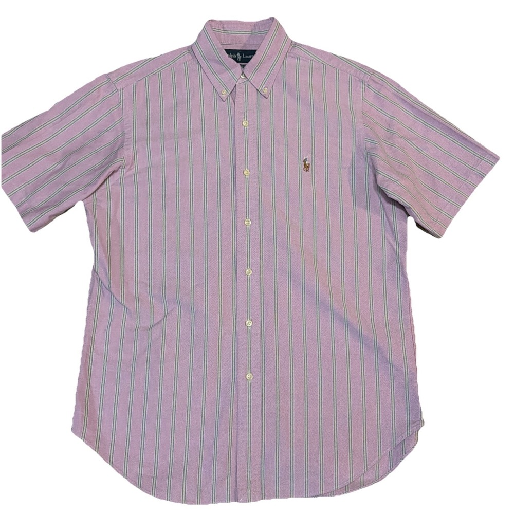 Polo Ralph Lauren 100% Cotton Button Up Short Sleeve Shirt Pink Green Stripes‎ M